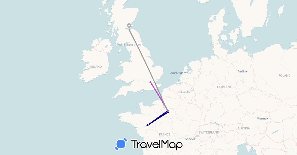 TravelMap itinerary: driving, plane, train in France, United Kingdom (Europe)